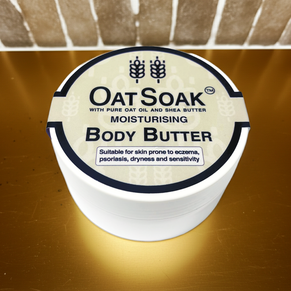 natural body butter, body butter for sensitive skin, eczema safe moisturiser, psoriasis skincare, oat oil body cream, shea butter body butter, fragrance-free moisturiser, natural skincare for eczema, dry skin body butter, hydrating body cream, gentle body butter for sensitive skin.