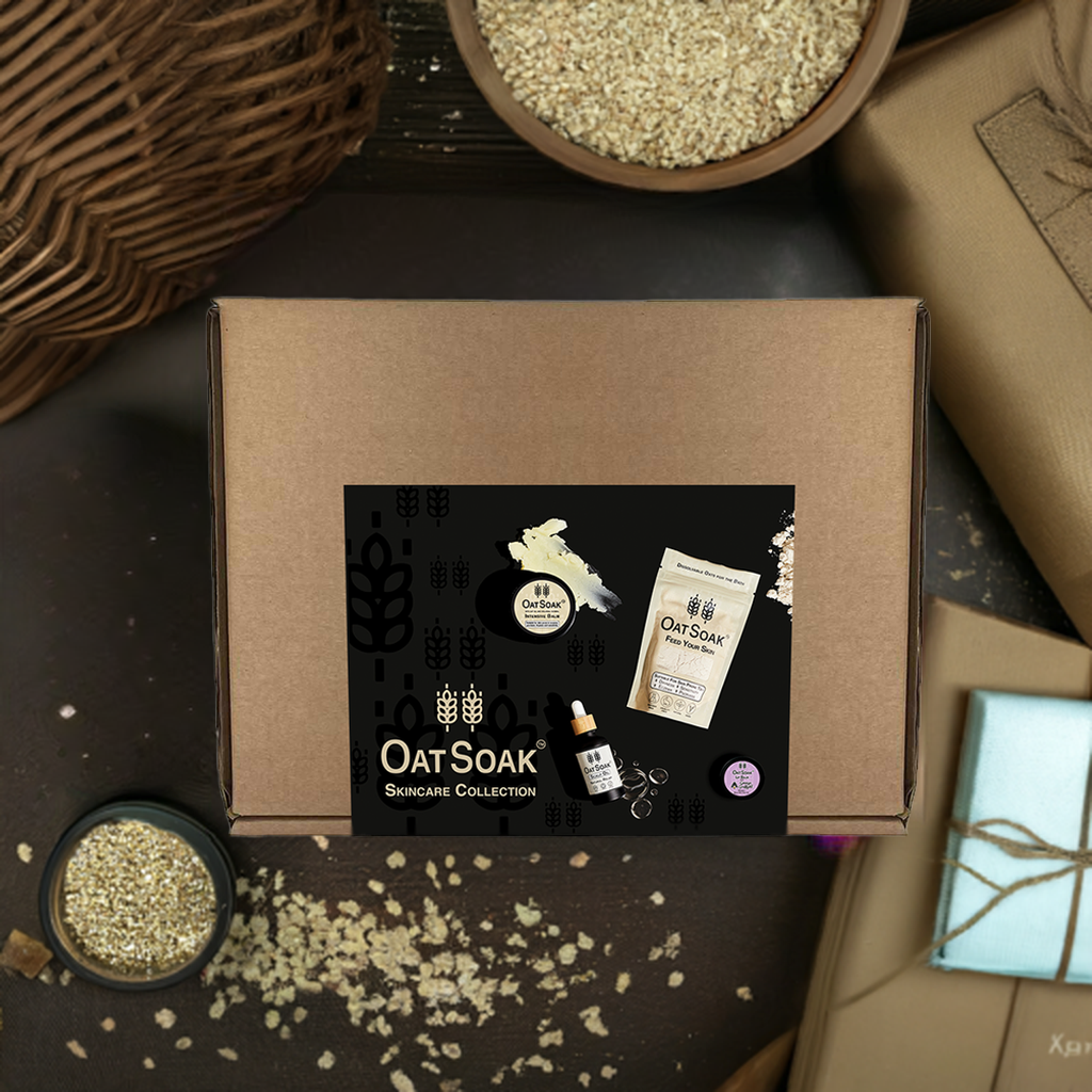 OatSoak Gift Box, Oatsoak Dissolvable oats for bath, Oatsoak Scalp Oil, Oatsoak Intensive Balm and OatSoak Lip balm