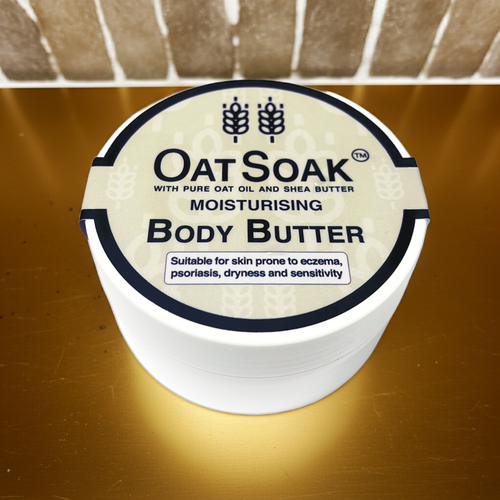 natural body butter, body butter for sensitive skin, eczema safe moisturiser, psoriasis skincare, oat oil body cream, shea butter body butter, fragrance-free moisturiser, natural skincare for eczema, dry skin body butter, hydrating body cream, gentle body butter for sensitive skin.
