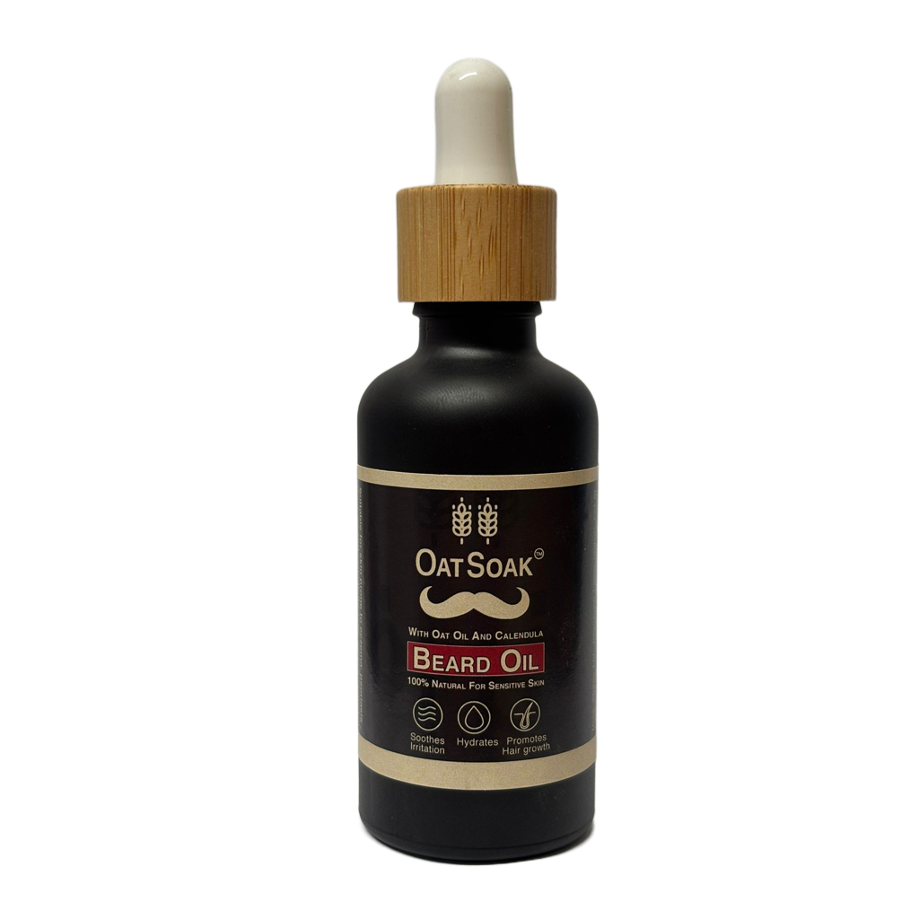 natural beard oil, beard oil for sensitive skin, eczema safe beard oil, oat oil beard care, calendula beard oil, soothing beard oil, natural grooming.
