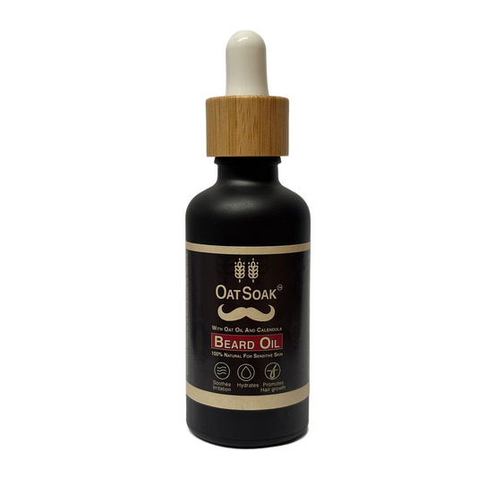 natural beard oil, beard oil for sensitive skin, eczema safe beard oil, oat oil beard care, calendula beard oil, soothing beard oil, natural grooming.
