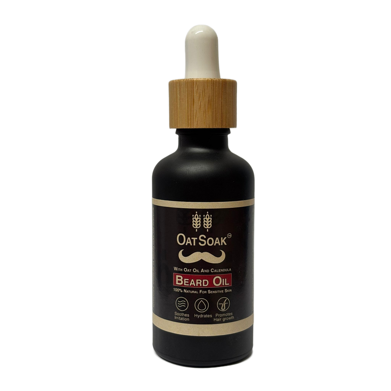 natural beard oil, beard oil for sensitive skin, eczema safe beard oil, oat oil beard care, calendula beard oil, soothing beard oil, natural grooming.
