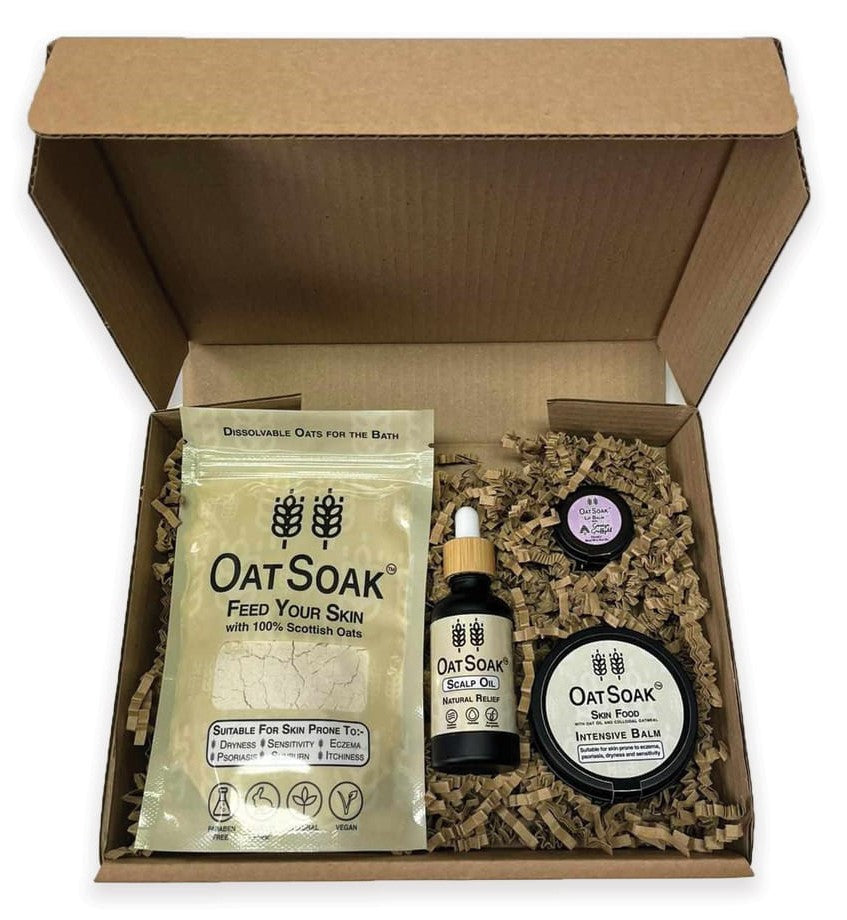 OatSoak Gift Box, Oatsoak Dissolvable oats for bath, Oatsoak Scalp Oil, Oatsoak Intensive Balm and OatSoak Lip balm