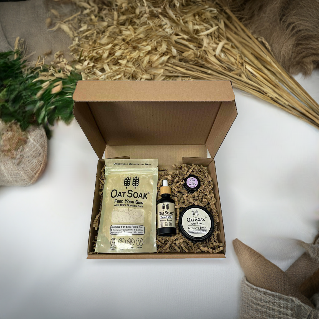 OatSoak Gift Box, Oatsoak Dissolvable oats for bath, Oatsoak Scalp Oil, Oatsoak Intensive Balm and OatSoak Lip balm