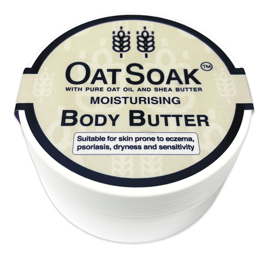 natural body butter, body butter for sensitive skin, eczema safe moisturiser, psoriasis skincare, oat oil body cream, shea butter body butter, fragrance-free moisturiser, natural skincare for eczema, dry skin body butter, hydrating body cream, gentle body butter for sensitive skin.
