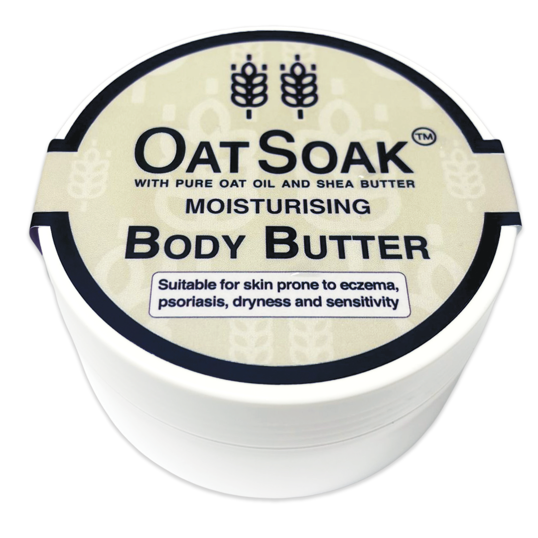 natural body butter, body butter for sensitive skin, eczema safe moisturiser, psoriasis skincare, oat oil body cream, shea butter body butter, fragrance-free moisturiser, natural skincare for eczema, dry skin body butter, hydrating body cream, gentle body butter for sensitive skin.
