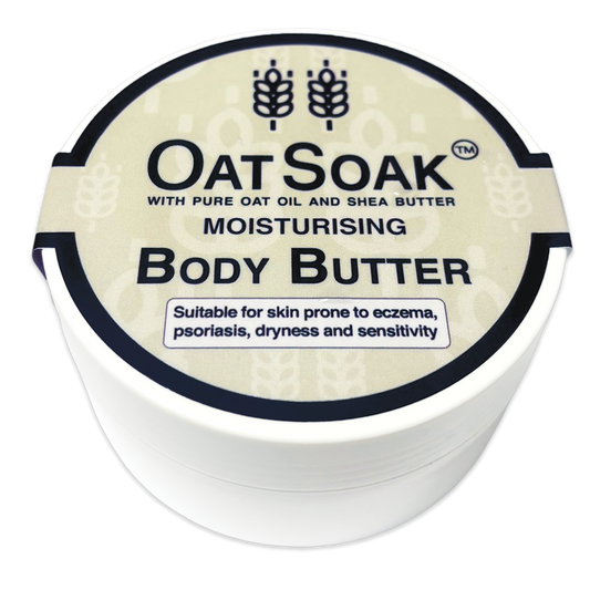 natural body butter, body butter for sensitive skin, eczema safe moisturiser, psoriasis skincare, oat oil body cream, shea butter body butter, fragrance-free moisturiser, natural skincare for eczema, dry skin body butter, hydrating body cream, gentle body butter for sensitive skin.
